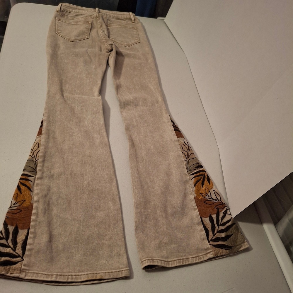 DRIFTWOOD Tan Wide Leg Jeans with Floral Panel - Picture 6 of 9